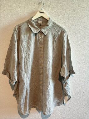 NEW Poetry Grey Sage Linen Shirt US 22 UK 18 Lagenlook Neutral Button Down UQ40